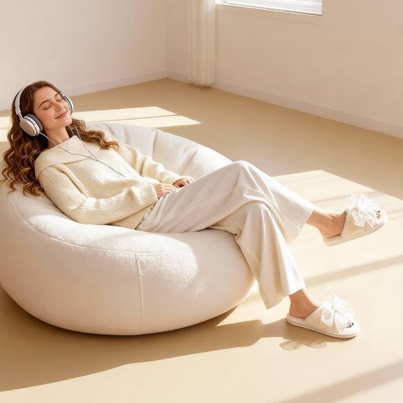 Women's White Cute Bow Open Toe Fuzzy House Memory Foam Anti Skid Slippers Shoes - Picture 3 of 9